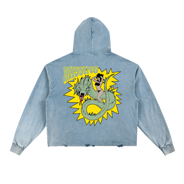 Cartoon Dragon Vintage Washed Frayed-Hem Hoodie